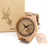 Wooden Bamboo "White-Tail Deer" Collector's Watch w/ Genuine Leather Strap