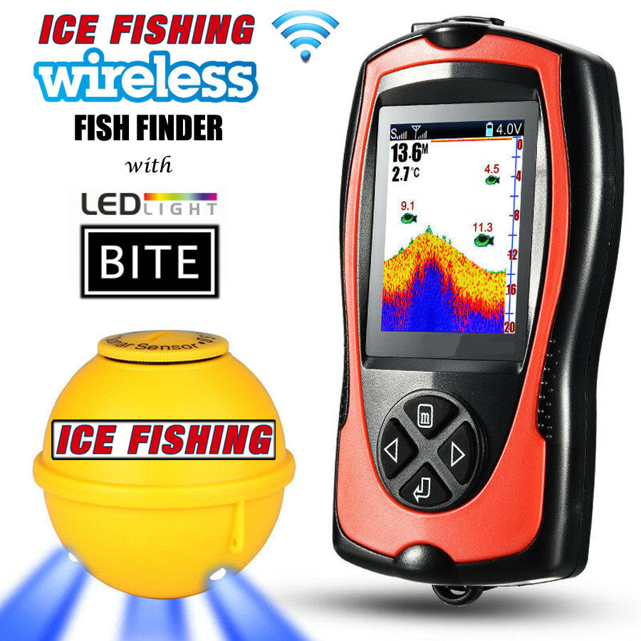 wireless fish finders CHSSHA00 Portable Fish Finder Transducer Sonar Sensor 147 Feet Water Depth Finder LCD Screen Echo Sounder Fishfinder \w Fish Attractive Lamp for Ice
