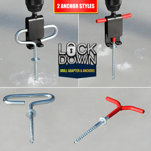 Ice Fishing "LOCK DOWN" Anchors & Drill Adapter - Secures Your Ice Tent in Seconds!