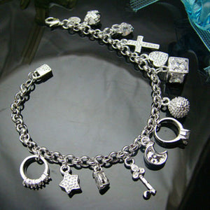 Women's Silver Plated 13 VARIETY Charm Pendant Bracelet - 