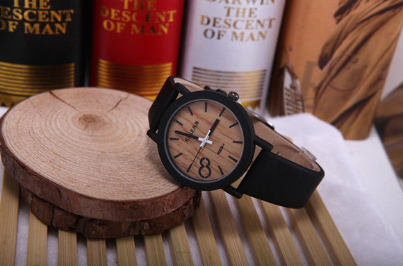 Men's Wooden Grain Face Quartz Watch w/ Leather Strap - Black - Thirsty Buyer - 1