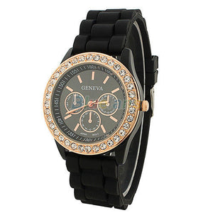 Women's Golden Crystal PARIS Silicone Quartz Watch - Black - 