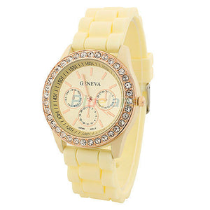 Women's Golden Crystal PARIS Silicone Quartz Watch - Pearl - 