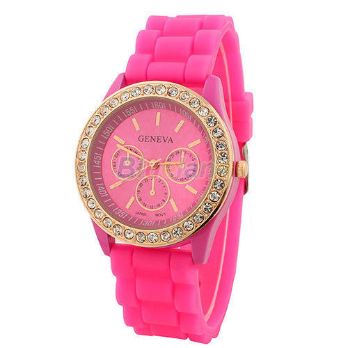 Women's Golden Crystal PARIS Silicone Quartz Watch - Pink - 