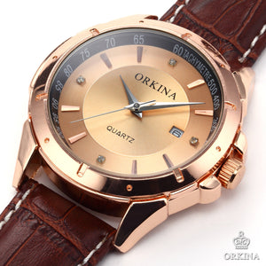 Men's Luxury Golden Dial Crystals Leather Strap Quartz Watch - HOT -  - 1