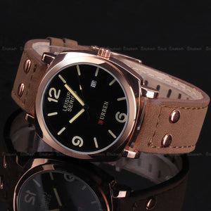 Men's OUTDOORSMAN Survival Leather Strap Quartz Watch - Rose Gold w/ Date - 