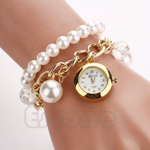 Women's Renaissance Pearl Rhinestone Chain Bracelet Round Dial Watch - HOT -  - 1